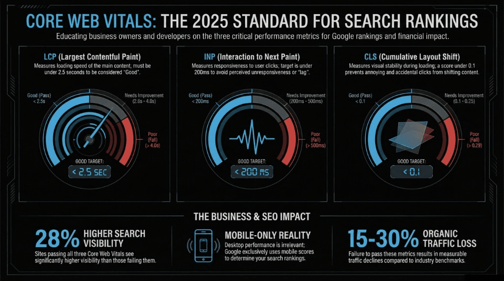 Core Web Vitals: 2025 standard for search rankings — LCP, INP, CLS thresholds and business impact
