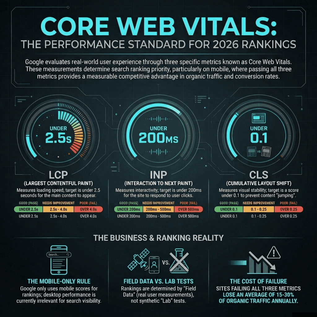 Reference: Core Web Vitals and mobile-first ranking reality (2026 framing)